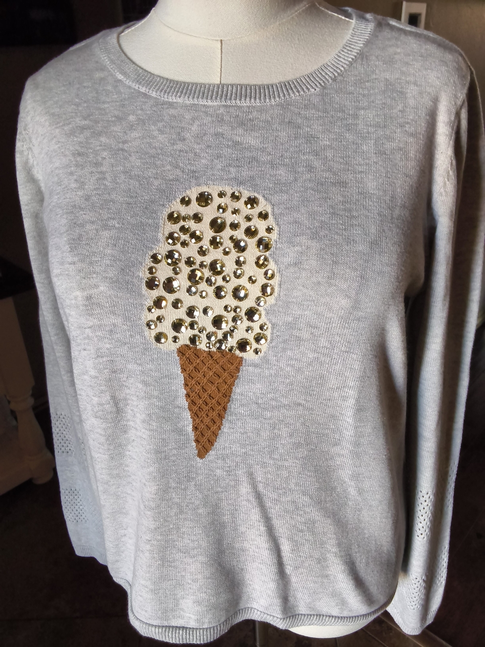 Lisa Todd Light Gray Crewneck Sweater with Gold Studded Ice Cream Applique